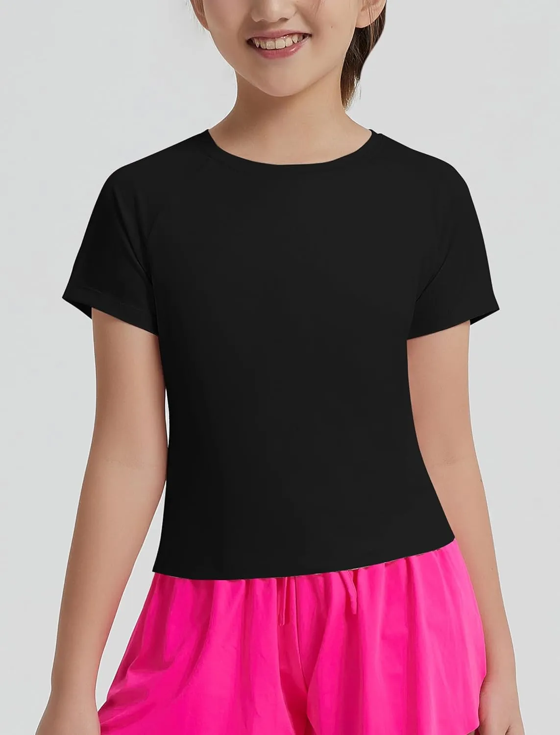 EXARUS Girls Athletic Shirts Short Sleeve Crop Tops/Split Back Quick Dry T Shirt Workout Summer Casual Kids 6-14Y