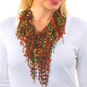 Fall Fashion Infinity Scarf Necklace - Orange Green Lightweight Scarf for Women - Coral Jade Statement Jewelry Necklace Scarves for Women