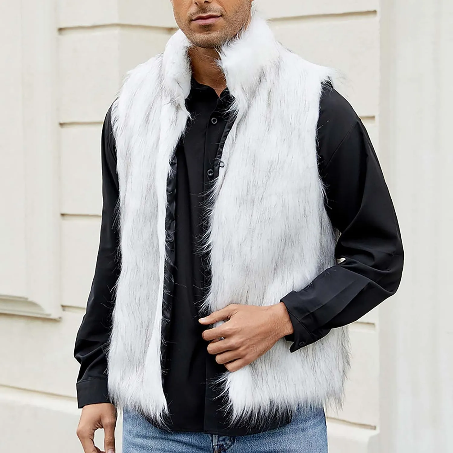 Faux Furry Fur Vest for Men Fashion Stand Collar Button Down Cardigan Sleeveless Fluffy Fuzzy Jacket Outerwear