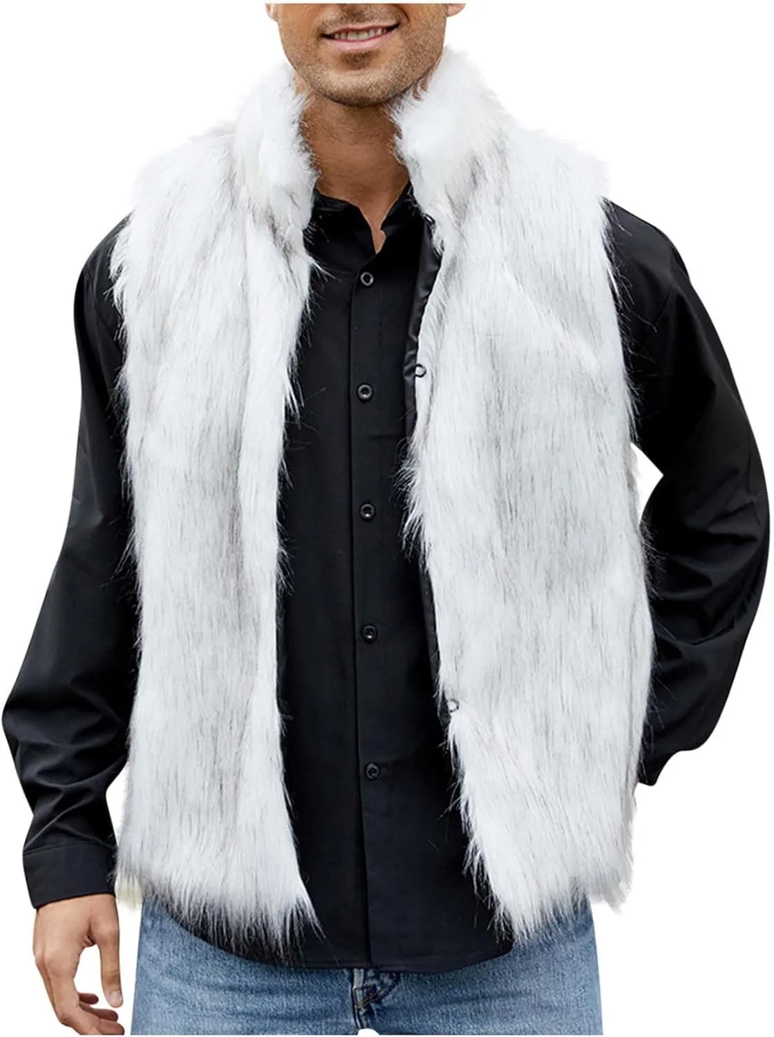 Faux Furry Fur Vest for Men Fashion Stand Collar Button Down Cardigan Sleeveless Fluffy Fuzzy Jacket Outerwear