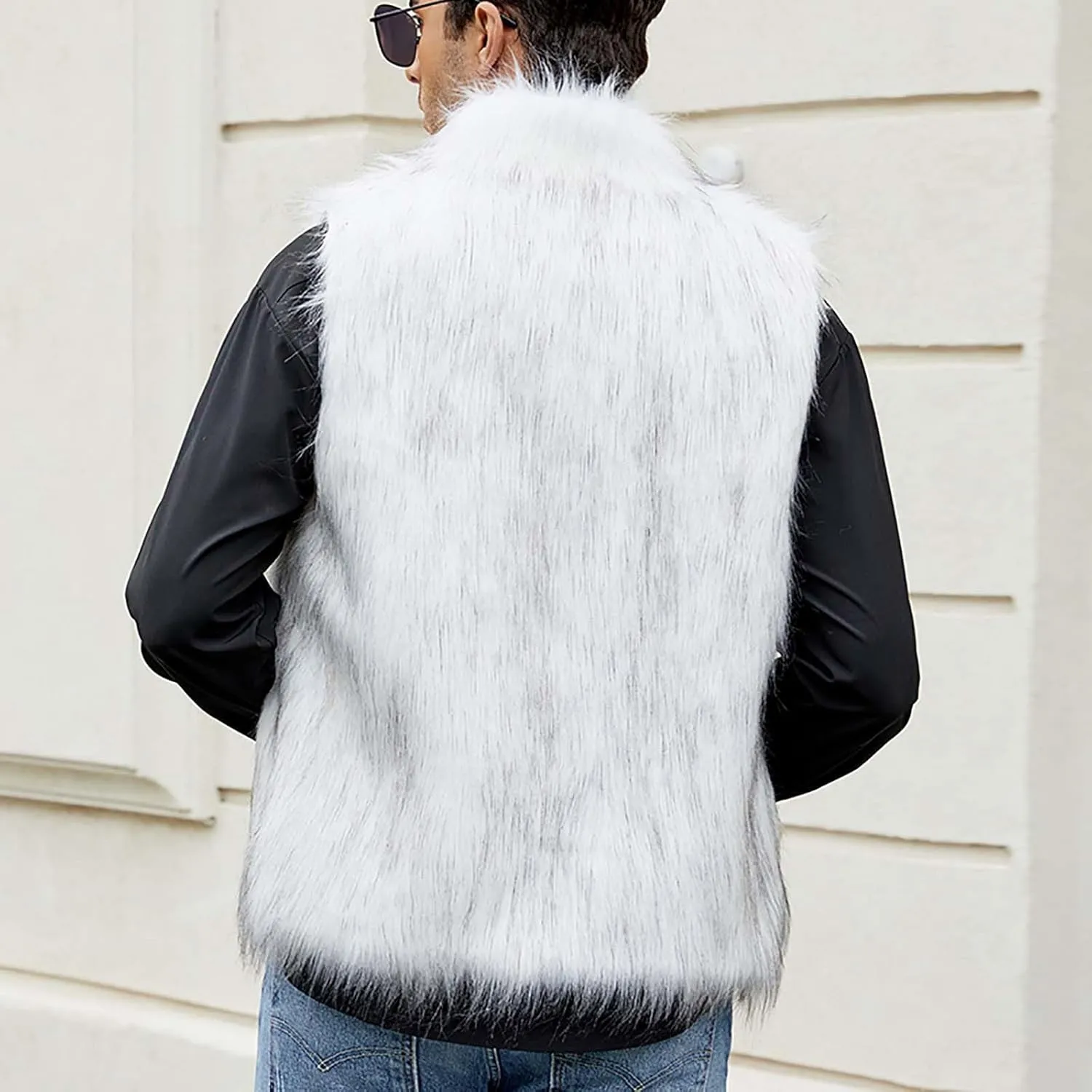 Faux Furry Fur Vest for Men Fashion Stand Collar Button Down Cardigan Sleeveless Fluffy Fuzzy Jacket Outerwear