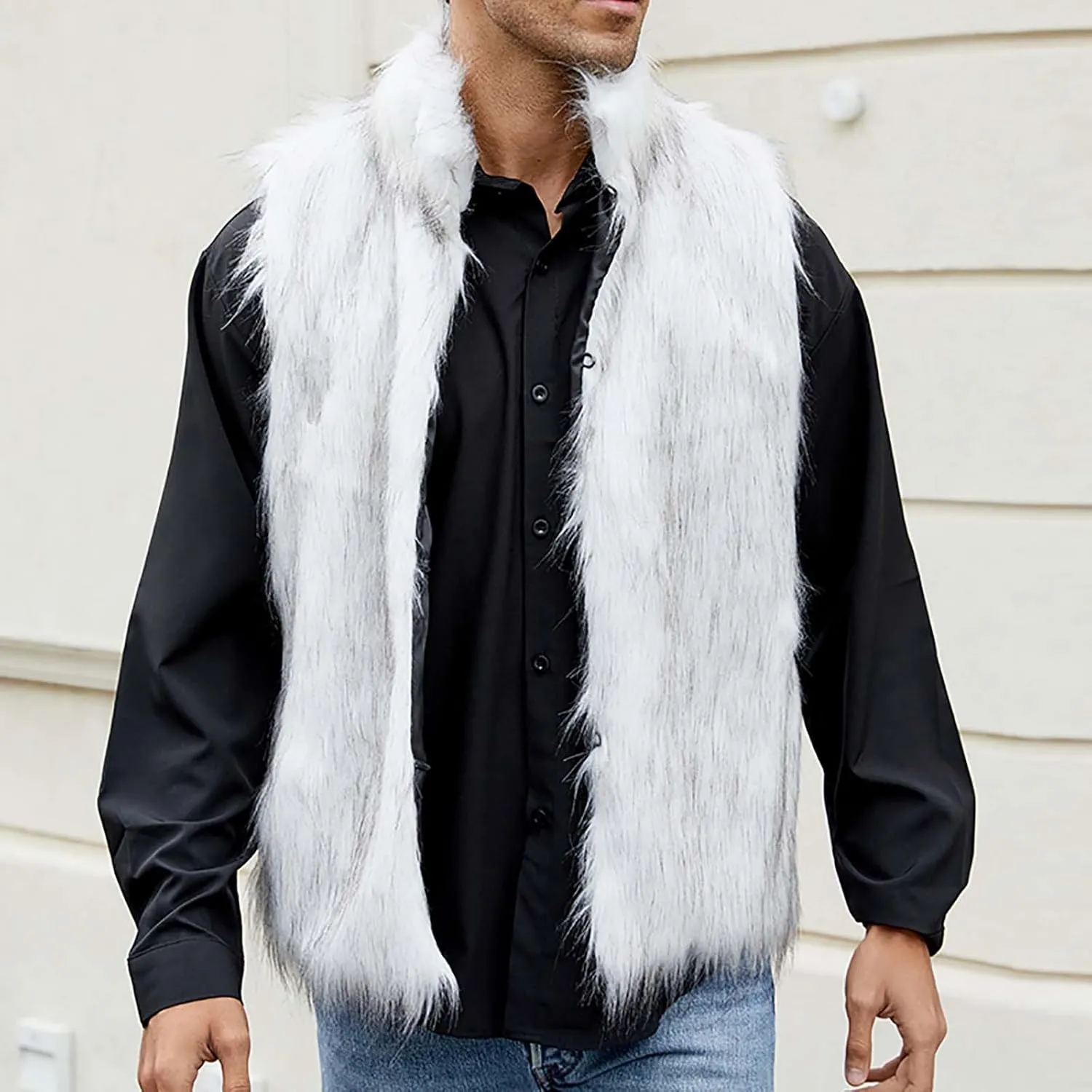 Faux Furry Fur Vest for Men Fashion Stand Collar Button Down Cardigan Sleeveless Fluffy Fuzzy Jacket Outerwear