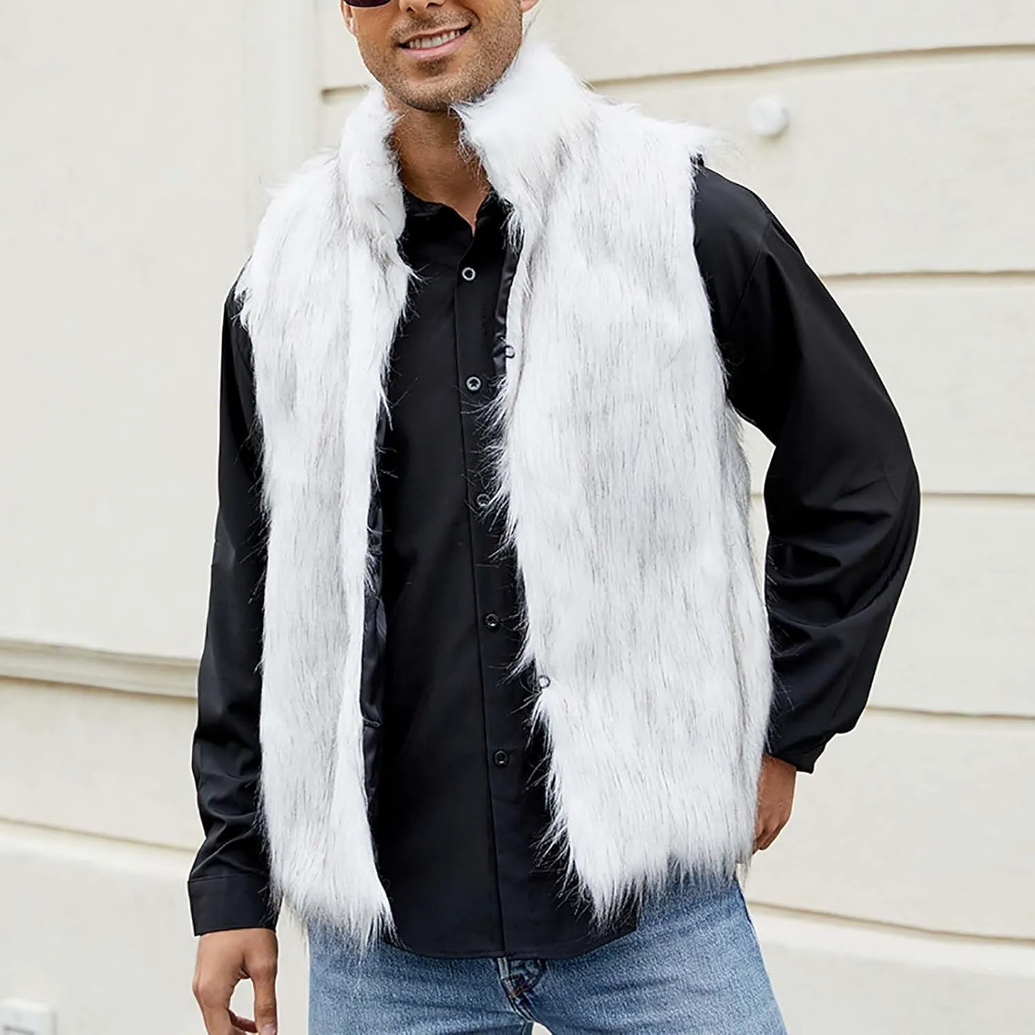 Faux Furry Fur Vest for Men Fashion Stand Collar Button Down Cardigan Sleeveless Fluffy Fuzzy Jacket Outerwear