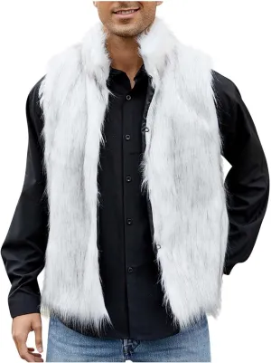 Faux Furry Fur Vest for Men Fashion Stand Collar Button Down Cardigan Sleeveless Fluffy Fuzzy Jacket Outerwear