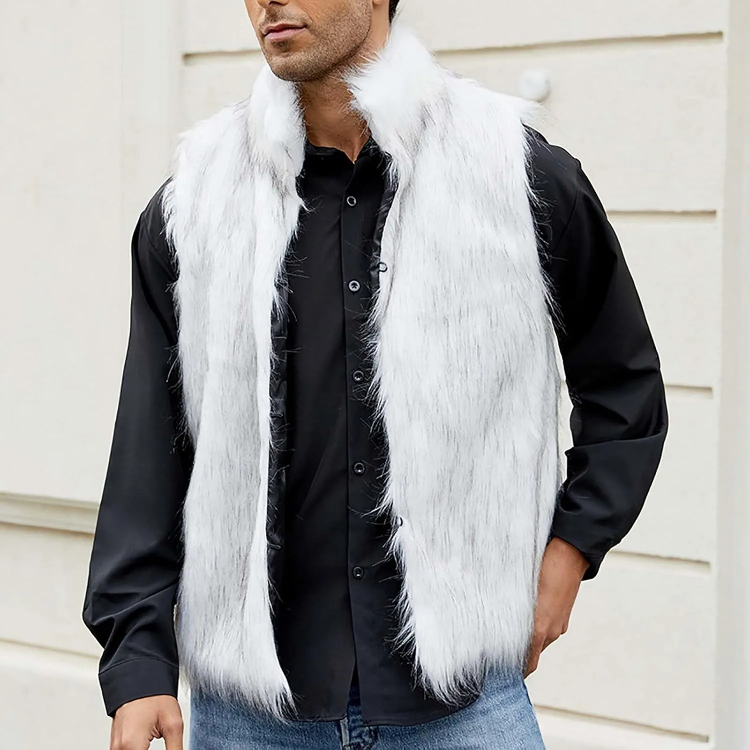 Faux Furry Fur Vest for Men Fashion Stand Collar Button Down Cardigan Sleeveless Fluffy Fuzzy Jacket Outerwear