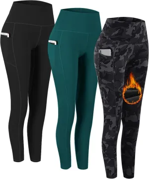 Fengbay 3 Pack High Waist Fleece Lined Yoga Pants, Pocket Yoga Pants Workout Running Yoga Leggings