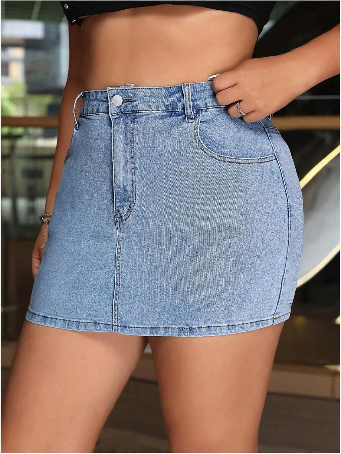 Floerns Women's Plus Size High Waisted Denim Mini Skirt Bodycon Jean Skirts with Pockets