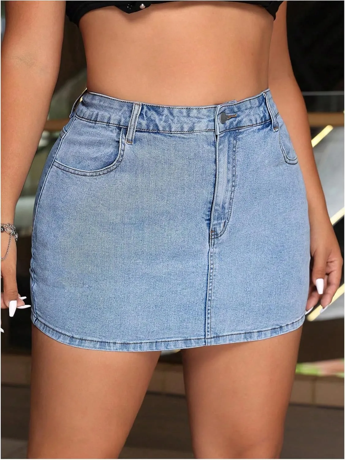 Floerns Women's Plus Size High Waisted Denim Mini Skirt Bodycon Jean Skirts with Pockets