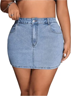 Floerns Women's Plus Size High Waisted Denim Mini Skirt Bodycon Jean Skirts with Pockets