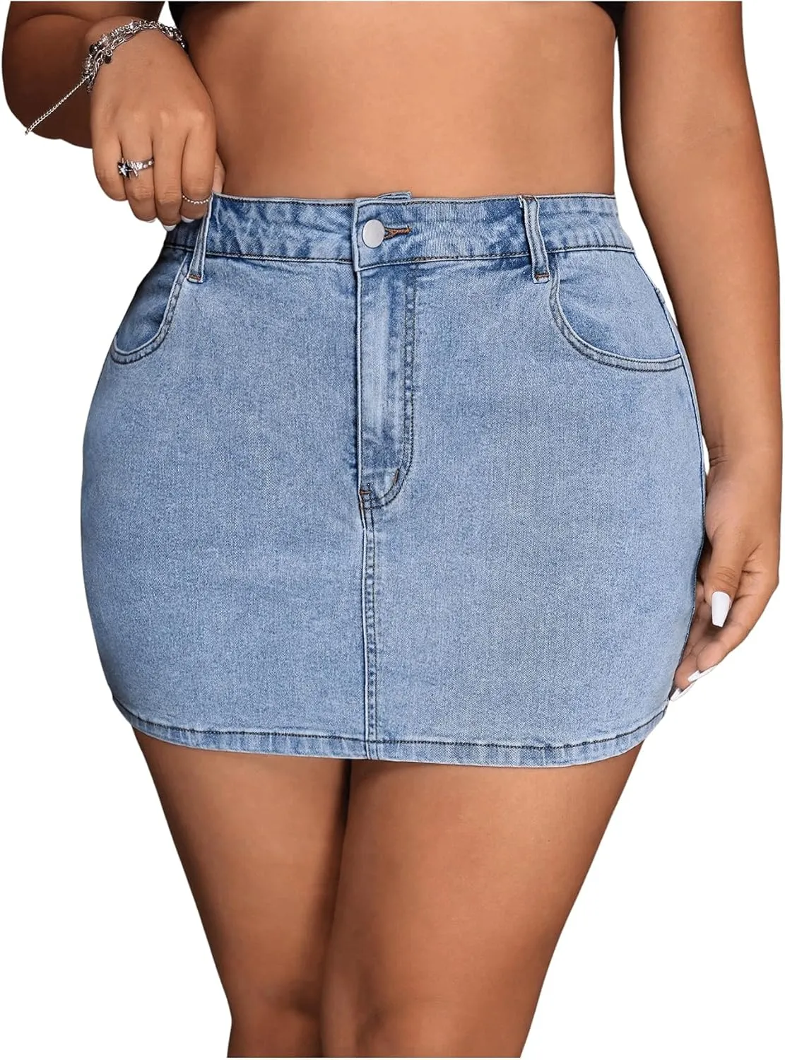 Floerns Women's Plus Size High Waisted Denim Mini Skirt Bodycon Jean Skirts with Pockets