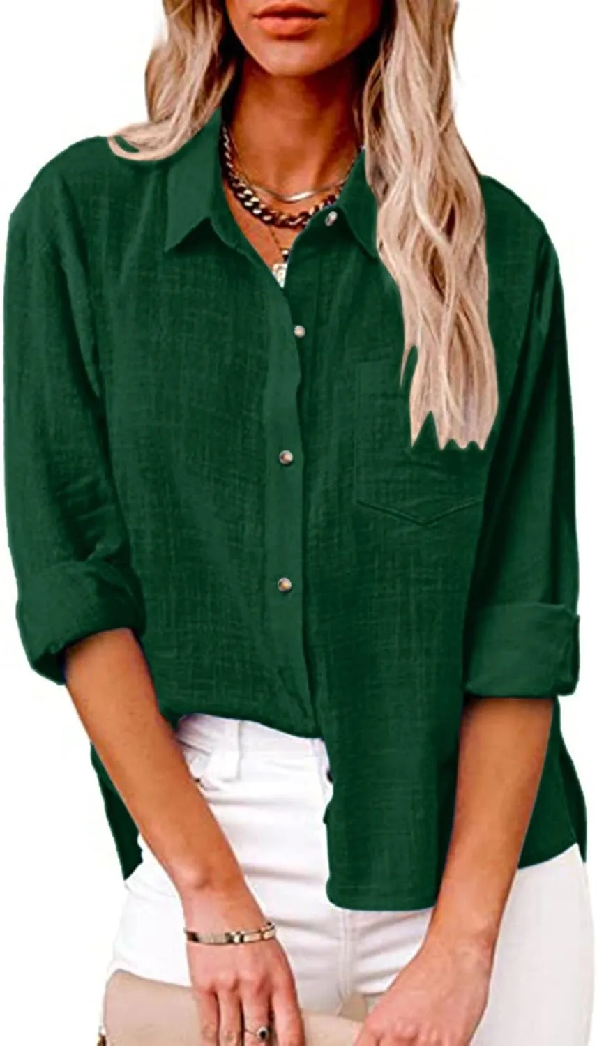 FQZWONG Womens Spring Tops 2025 Button Down Shirts for Women Loose Casual Solid Cotton Linen Tshirts Trendy Ladies Blouses