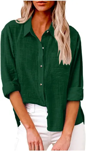 FQZWONG Womens Spring Tops 2025 Button Down Shirts for Women Loose Casual Solid Cotton Linen Tshirts Trendy Ladies Blouses