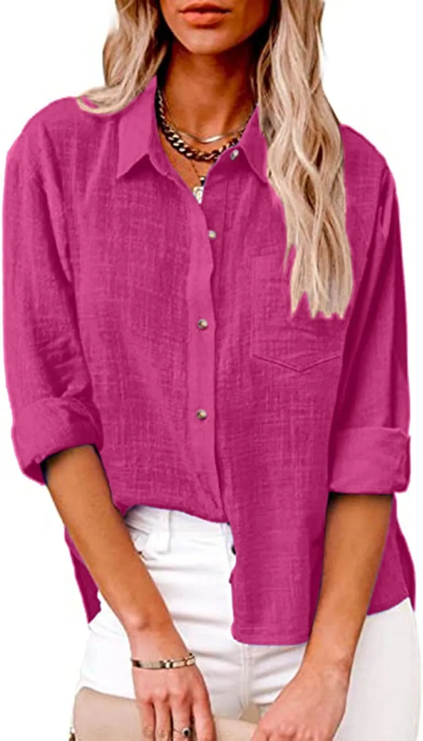 FQZWONG Womens Spring Tops 2025 Button Down Shirts for Women Loose Casual Solid Cotton Linen Tshirts Trendy Ladies Blouses
