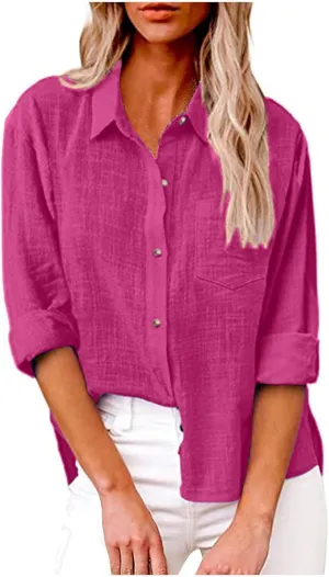 FQZWONG Womens Spring Tops 2025 Button Down Shirts for Women Loose Casual Solid Cotton Linen Tshirts Trendy Ladies Blouses