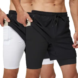frueo 2 Pack 2 in 1 Mens Running Shorts Quick Dry Workout Gym Shorts Sport Athletic Shorts with Zipper Pocket Short