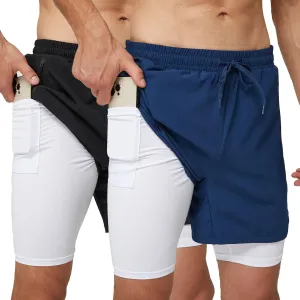 frueo 2 Pack 2 in 1 Mens Running Shorts Quick Dry Workout Gym Shorts Sport Athletic Shorts with Zipper Pocket Short