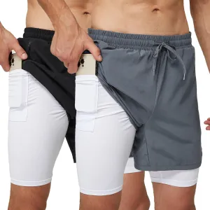 frueo 2 Pack 2 in 1 Mens Running Shorts Quick Dry Workout Gym Shorts Sport Athletic Shorts with Zipper Pocket Short