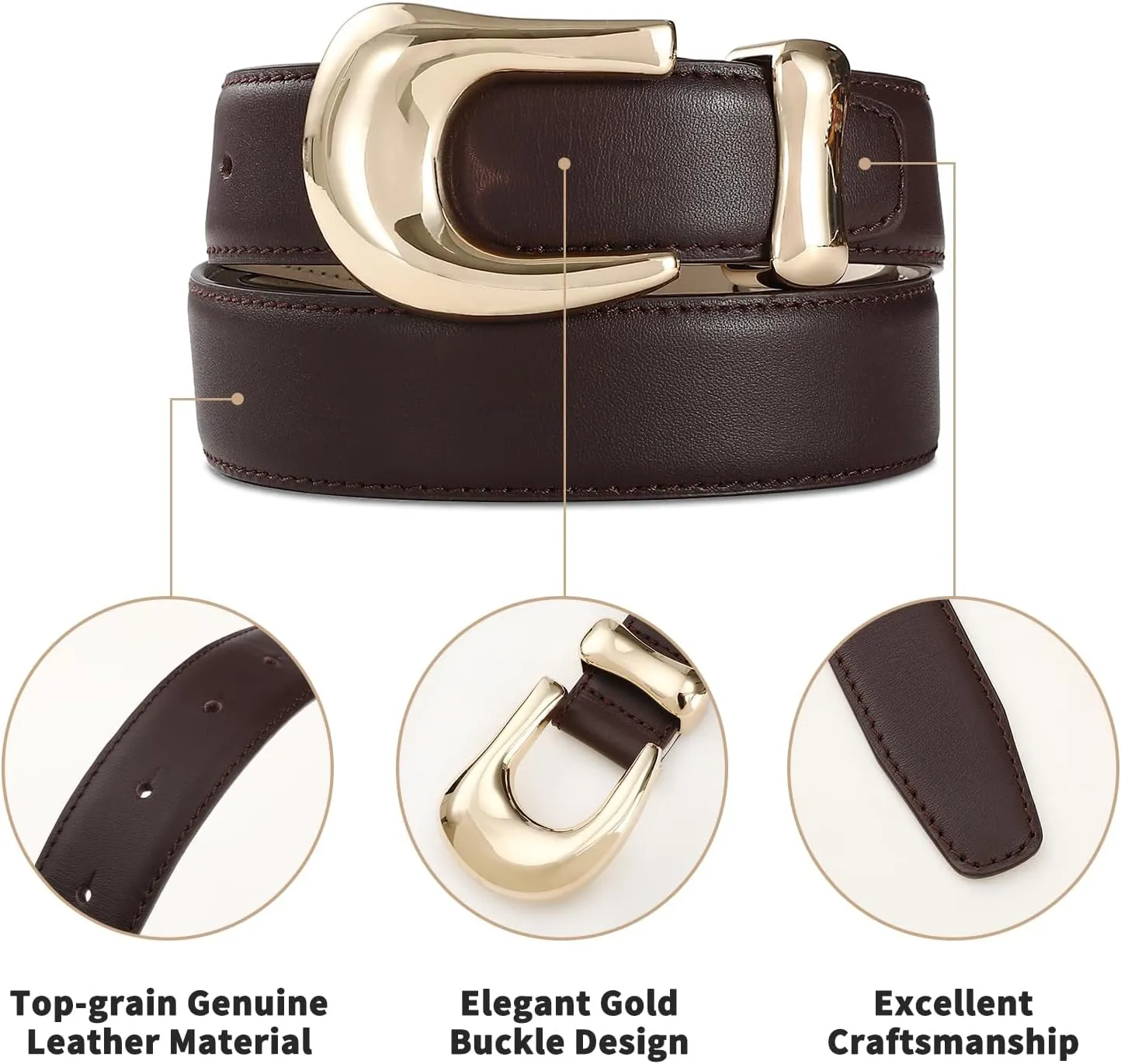 Genuine Leather Belts for Women Belt with Gold Buckle for Jeans Dresses and Casual Outfits