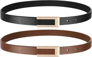 Genuine Leather Belts for Women Skinny Waist Belt for Dresses Jeans Pants with Gold Buckle