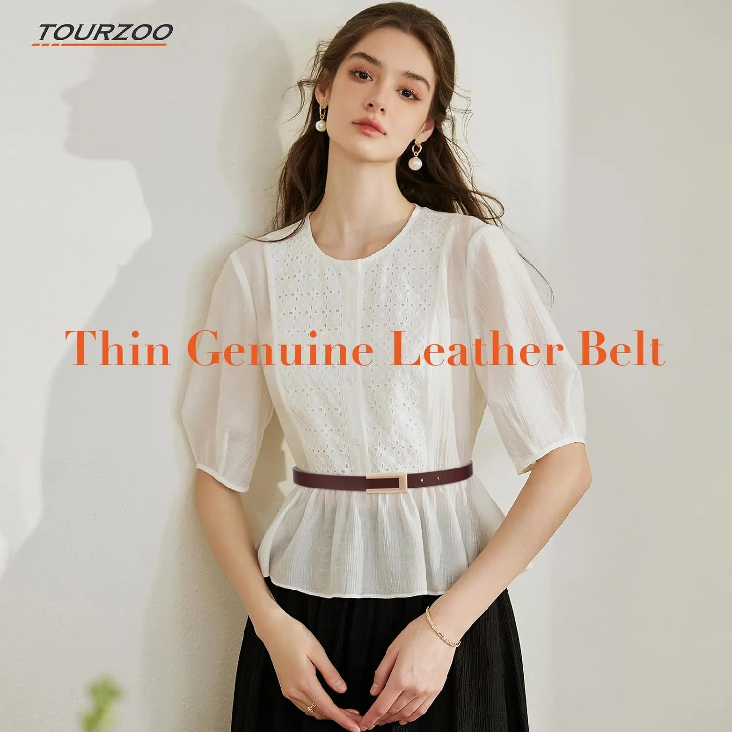 Genuine Leather Belts for Women Skinny Waist Belt for Dresses Jeans Pants with Gold Buckle