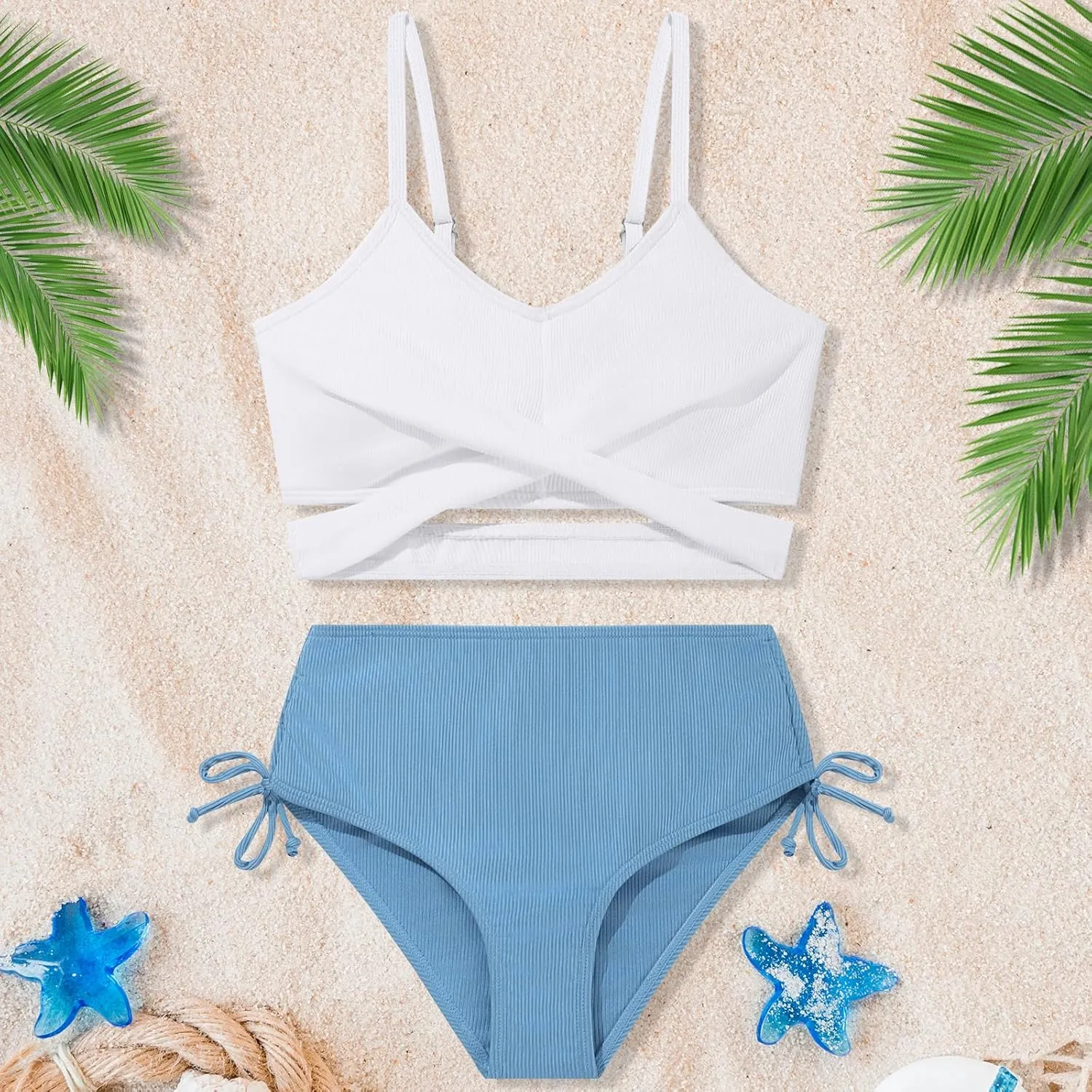 Girls 2 Piece Swimsuit Hawaiian Criss Cross Bikini Bathing Suit Summer Beach Swimwear with Chest Pad 7-16T