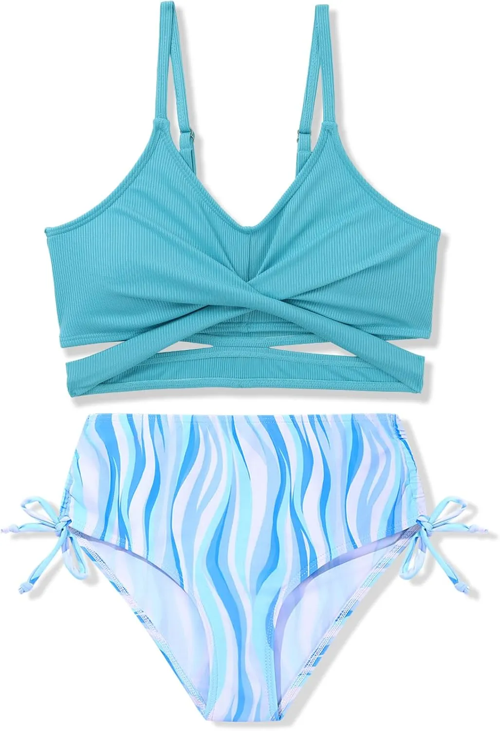 Girls 2 Piece Swimsuit Hawaiian Criss Cross Bikini Bathing Suit Summer Beach Swimwear with Chest Pad 7-16T