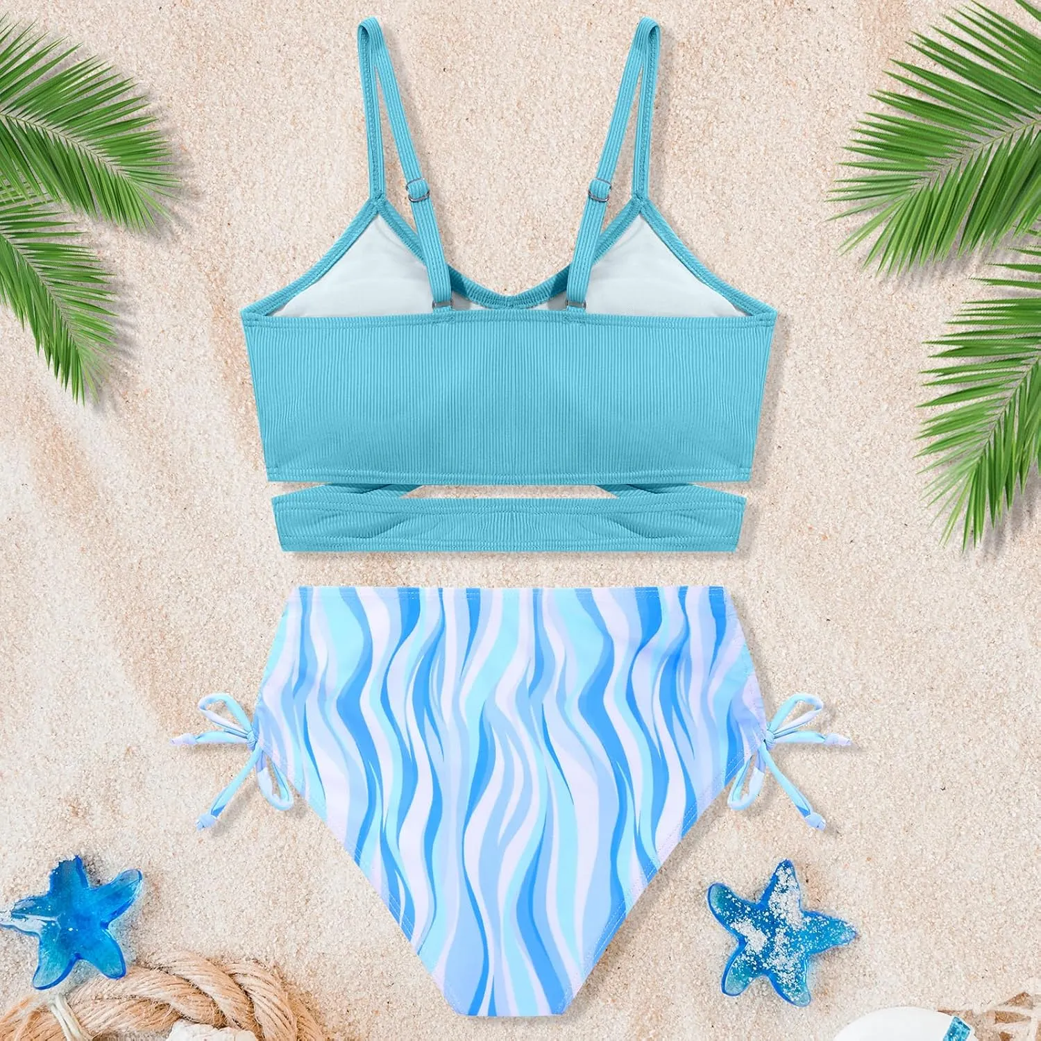 Girls 2 Piece Swimsuit Hawaiian Criss Cross Bikini Bathing Suit Summer Beach Swimwear with Chest Pad 7-16T