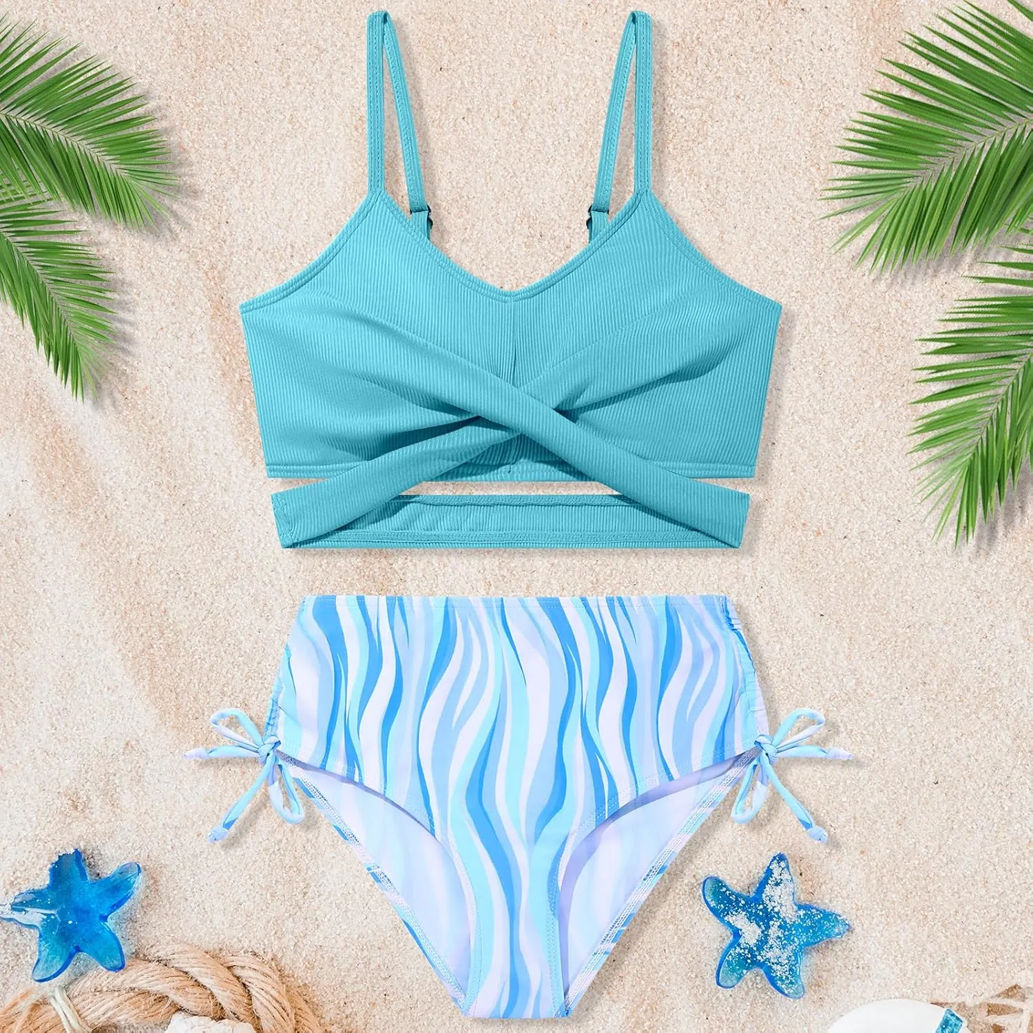 Girls 2 Piece Swimsuit Hawaiian Criss Cross Bikini Bathing Suit Summer Beach Swimwear with Chest Pad 7-16T