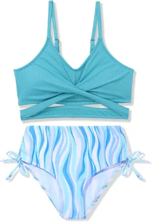 Girls 2 Piece Swimsuit Hawaiian Criss Cross Bikini Bathing Suit Summer Beach Swimwear with Chest Pad 7-16T