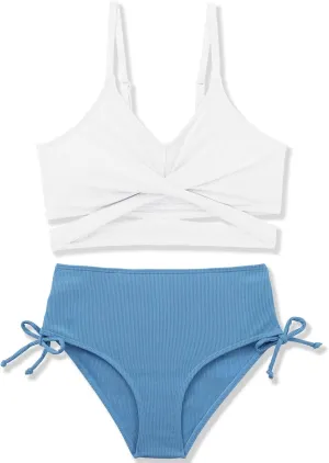 Girls 2 Piece Swimsuit Hawaiian Criss Cross Bikini Bathing Suit Summer Beach Swimwear with Chest Pad 7-16T