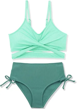 Girls 2 Piece Swimsuit Hawaiian Criss Cross Bikini Bathing Suit Summer Beach Swimwear with Chest Pad 7-16T