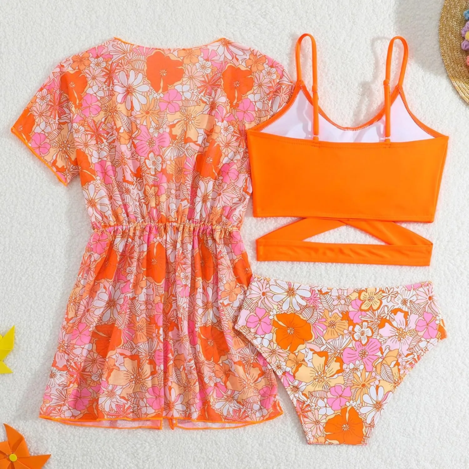 Girls 3 Piece Hawaiian Bikini Swimsuit Set Criss Cross Cute Bathing Suit with Quick Dry Kimono Coverup for Tweens