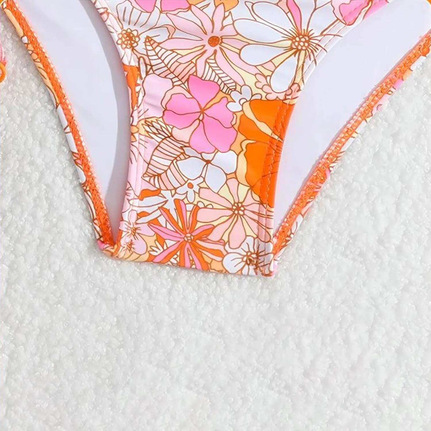 Girls 3 Piece Hawaiian Bikini Swimsuit Set Criss Cross Cute Bathing Suit with Quick Dry Kimono Coverup for Tweens