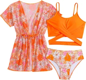 Girls 3 Piece Hawaiian Bikini Swimsuit Set Criss Cross Cute Bathing Suit with Quick Dry Kimono Coverup for Tweens