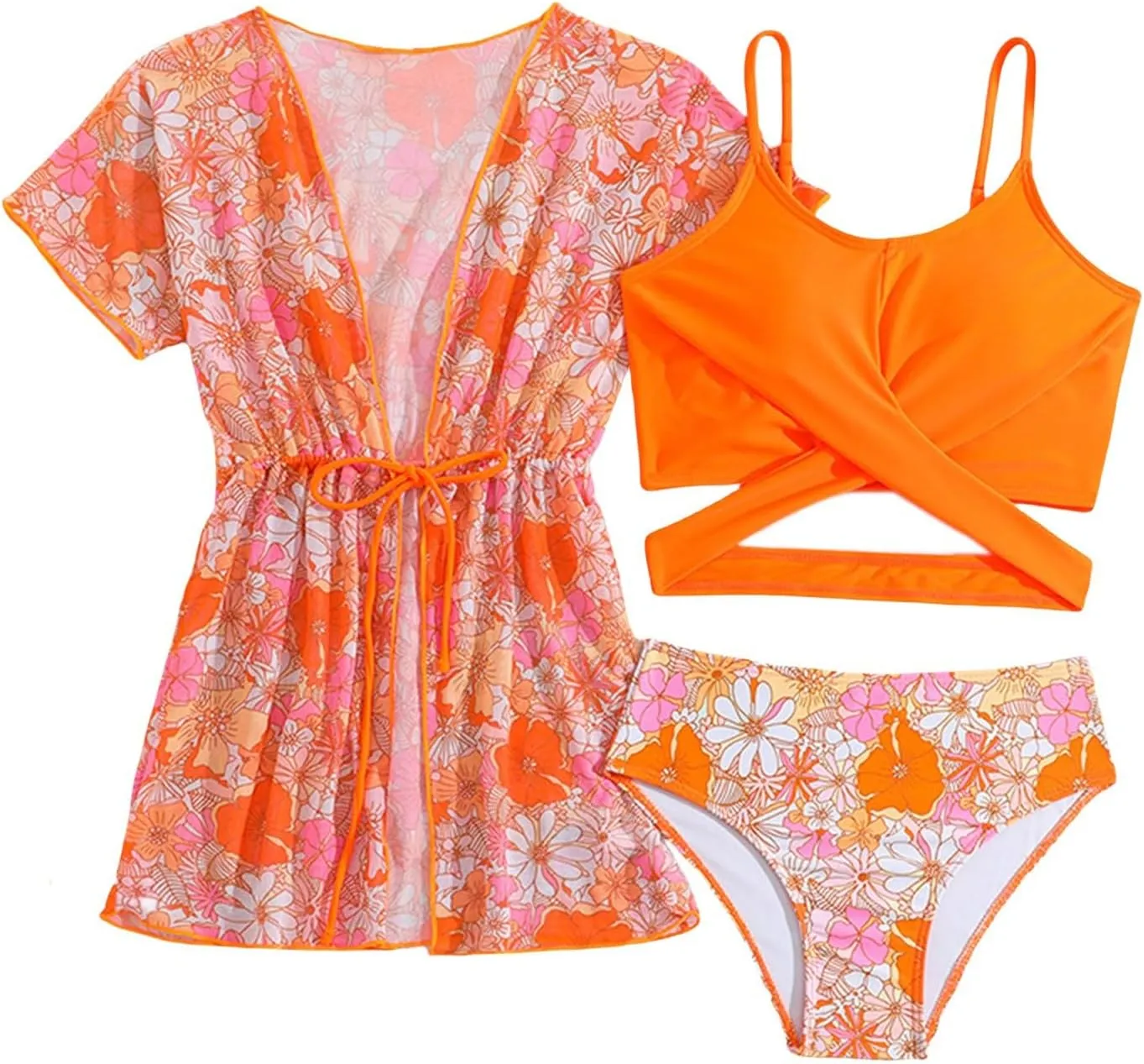 Girls 3 Piece Hawaiian Bikini Swimsuit Set Criss Cross Cute Bathing Suit with Quick Dry Kimono Coverup for Tweens