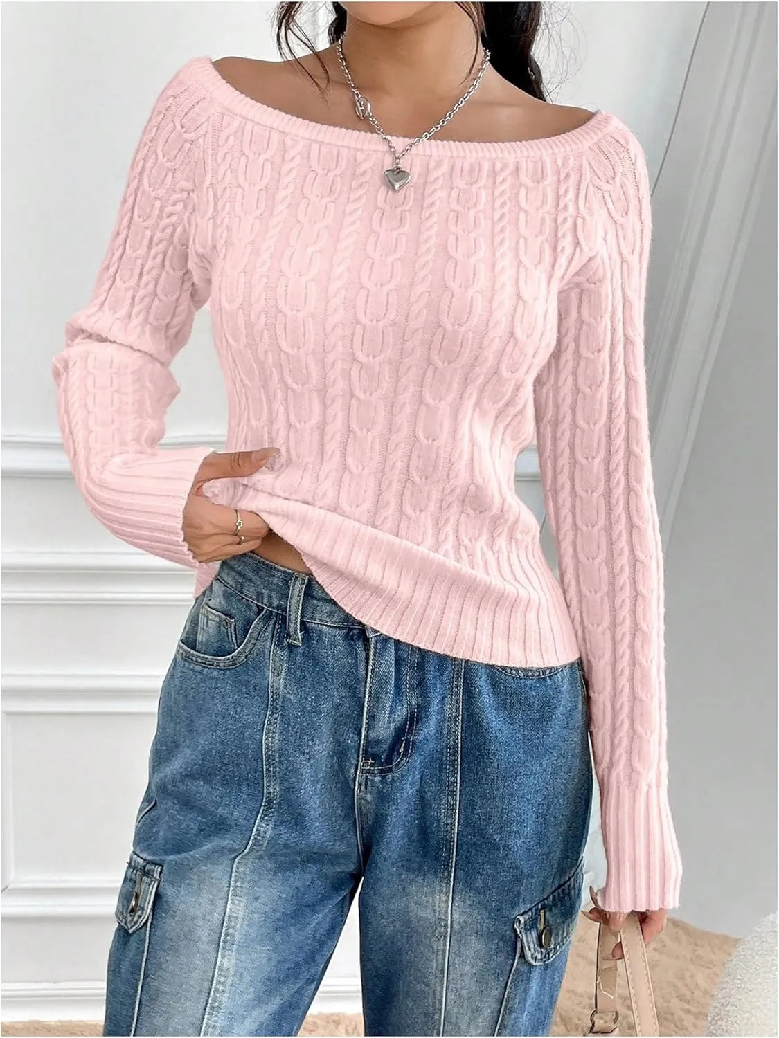 GORGLITTER Women's Off The Shoulder Cable Knit Sweater Long Sleeve Knitted Sweater Pullover Tops