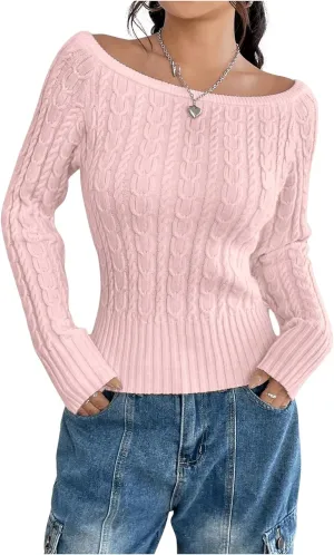 GORGLITTER Women's Off The Shoulder Cable Knit Sweater Long Sleeve Knitted Sweater Pullover Tops