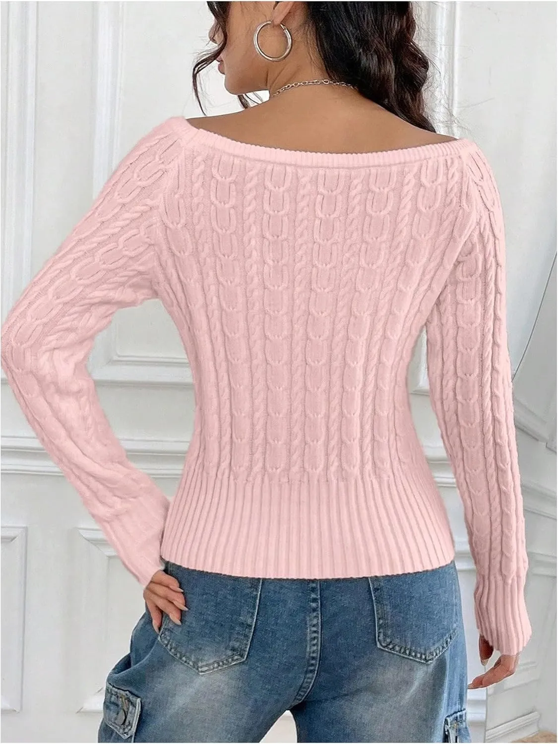GORGLITTER Women's Off The Shoulder Cable Knit Sweater Long Sleeve Knitted Sweater Pullover Tops