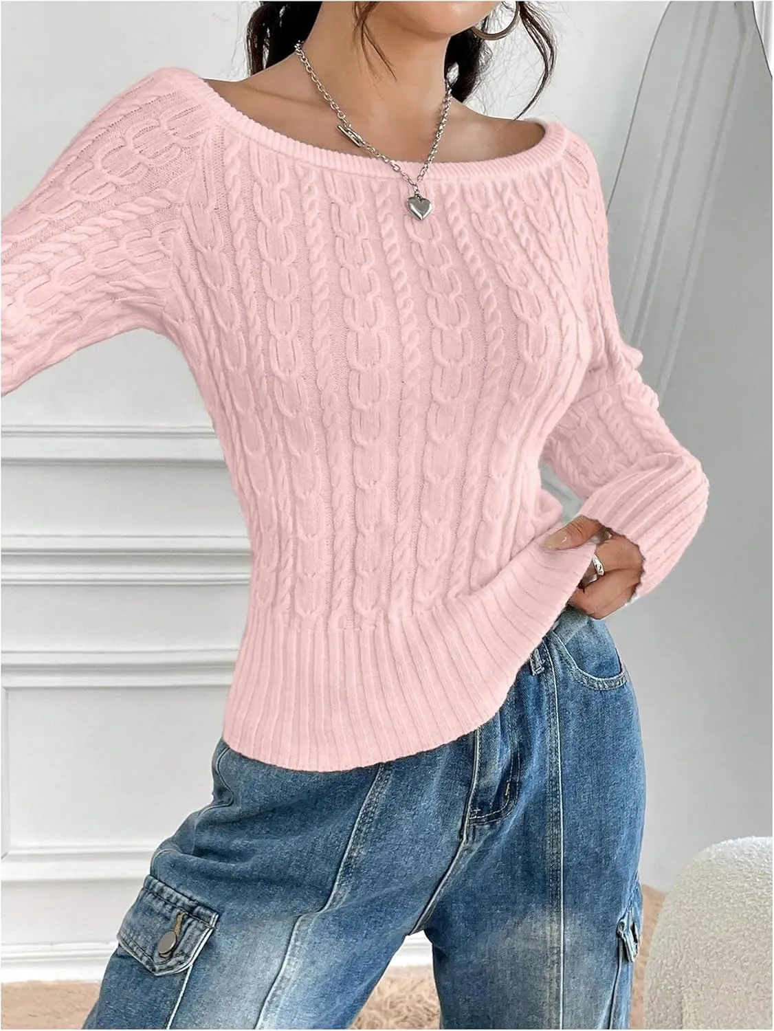 GORGLITTER Women's Off The Shoulder Cable Knit Sweater Long Sleeve Knitted Sweater Pullover Tops