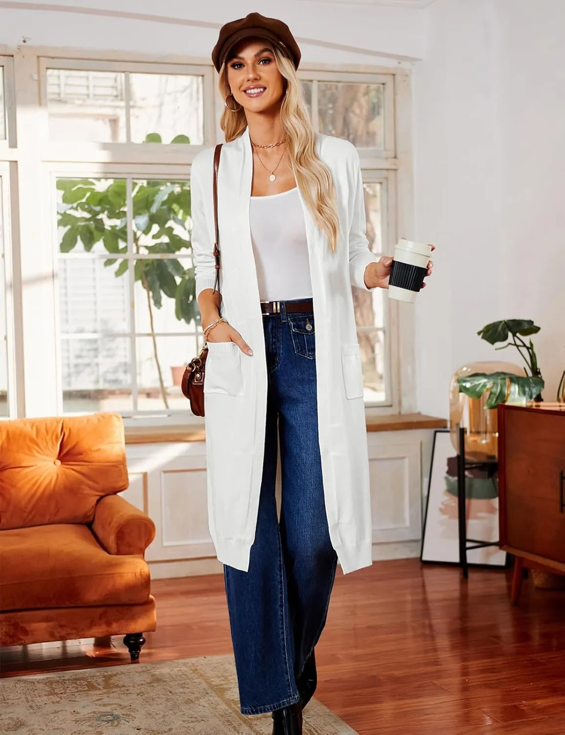 GRACE KARIN Essential Solid Open Front Maxi Long Knitted Cardigan Sweater for Women