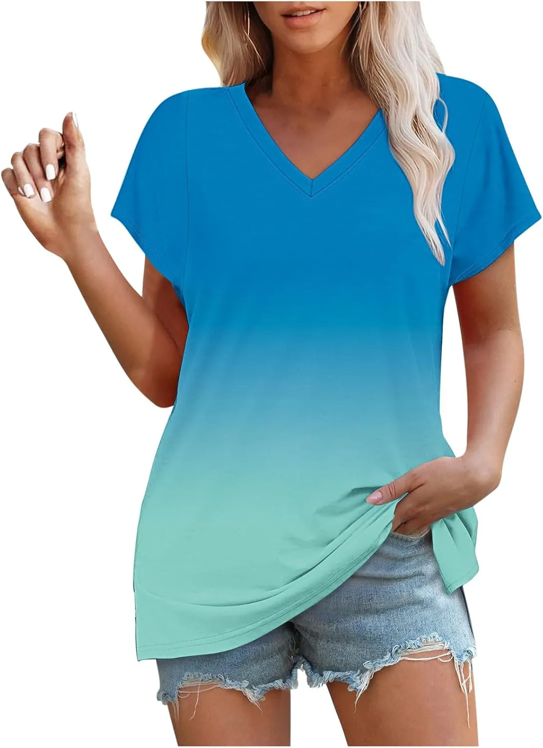Gradient Shirts Oversized Tshirts for Women V Neck Short Sleeve Summer Tops 2025 Casual Loose Fit Cute Tees Clothes