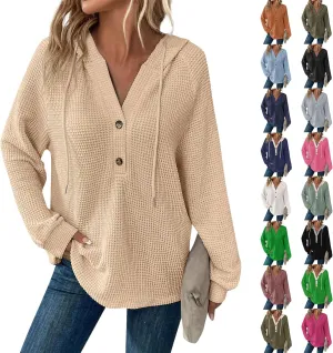 Gumipy Long Sleeve Shirts for Women Waffle V Neck Button Up Shirts Trendy Oversized Hoodies Tshirts Spring Casual Tunic Tops