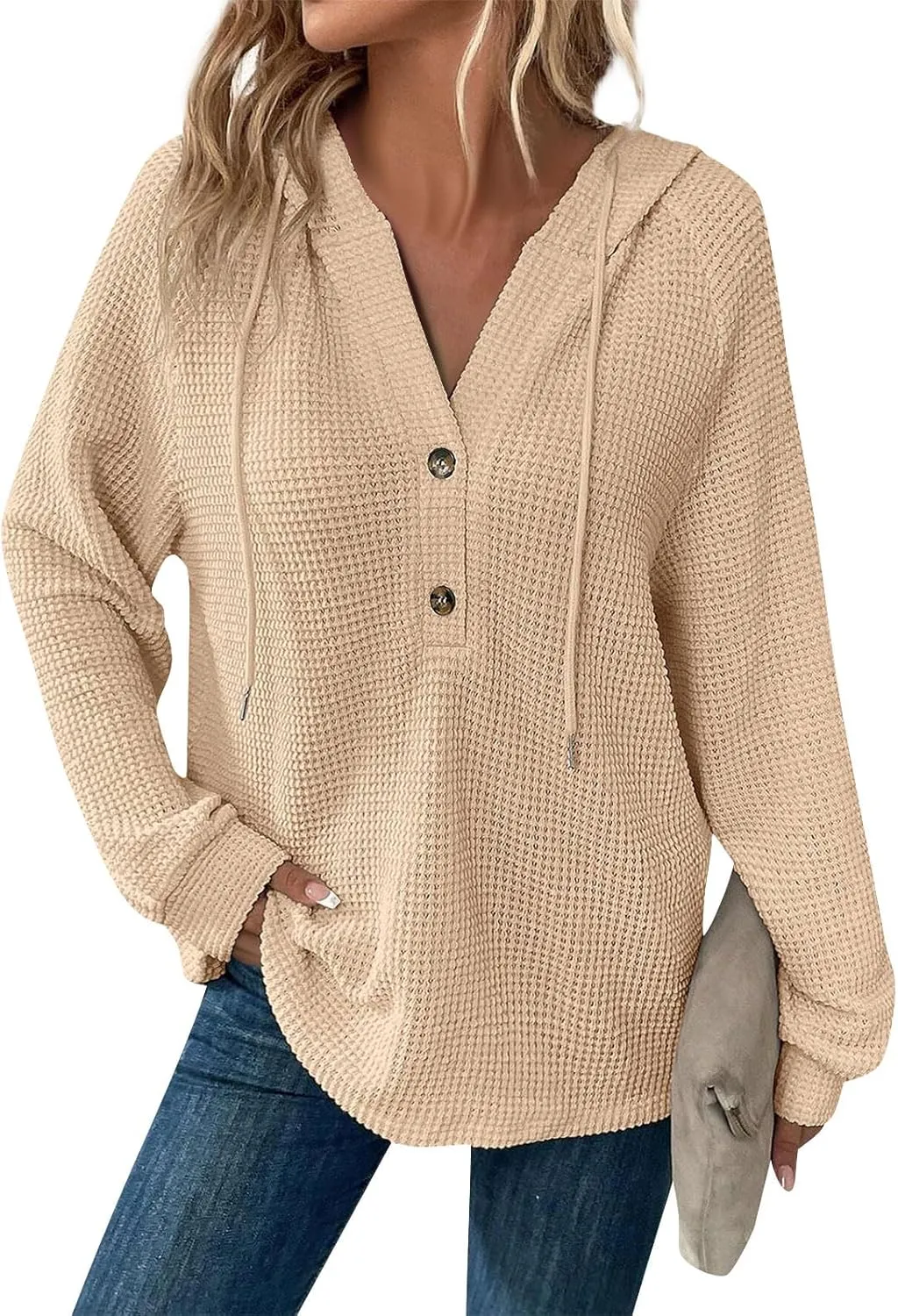 Gumipy Long Sleeve Shirts for Women Waffle V Neck Button Up Shirts Trendy Oversized Hoodies Tshirts Spring Casual Tunic Tops