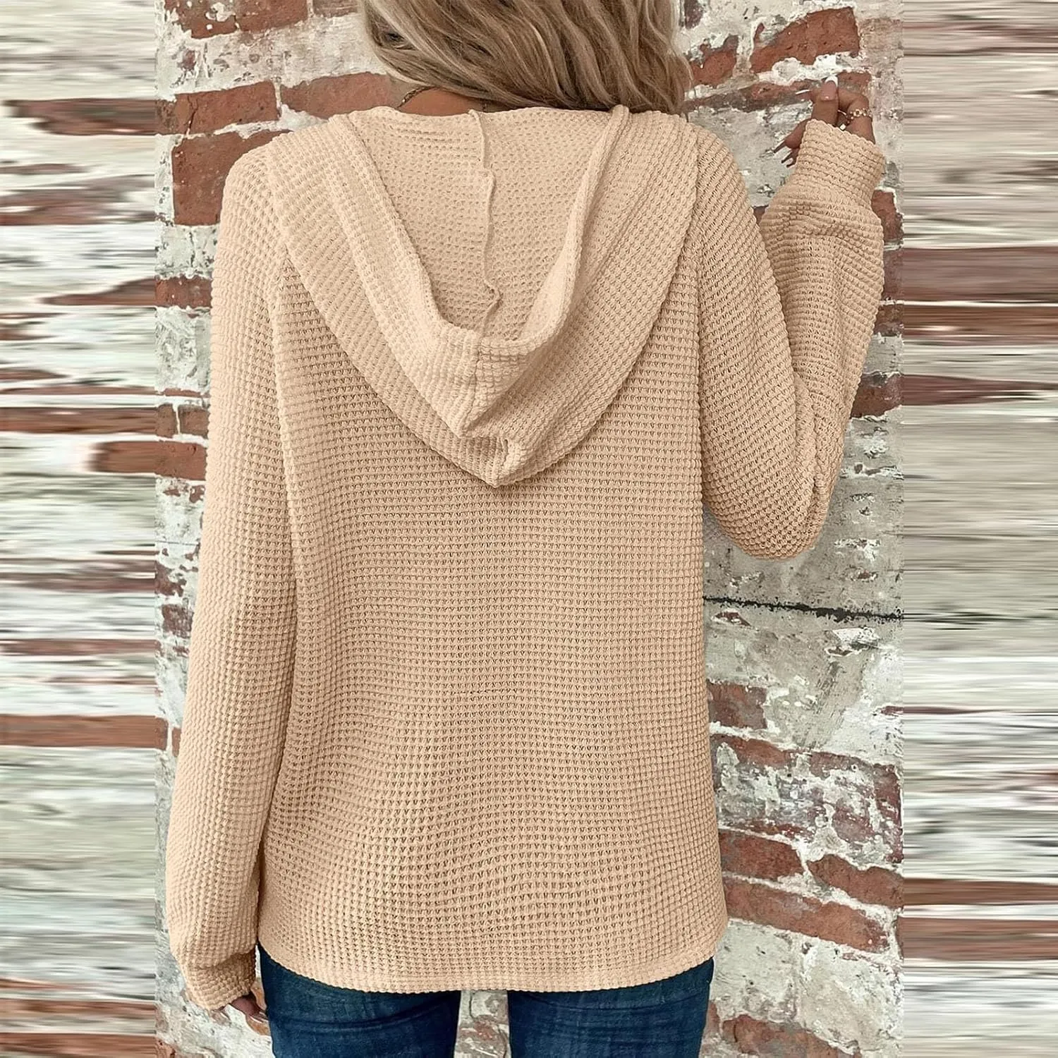 Gumipy Long Sleeve Shirts for Women Waffle V Neck Button Up Shirts Trendy Oversized Hoodies Tshirts Spring Casual Tunic Tops