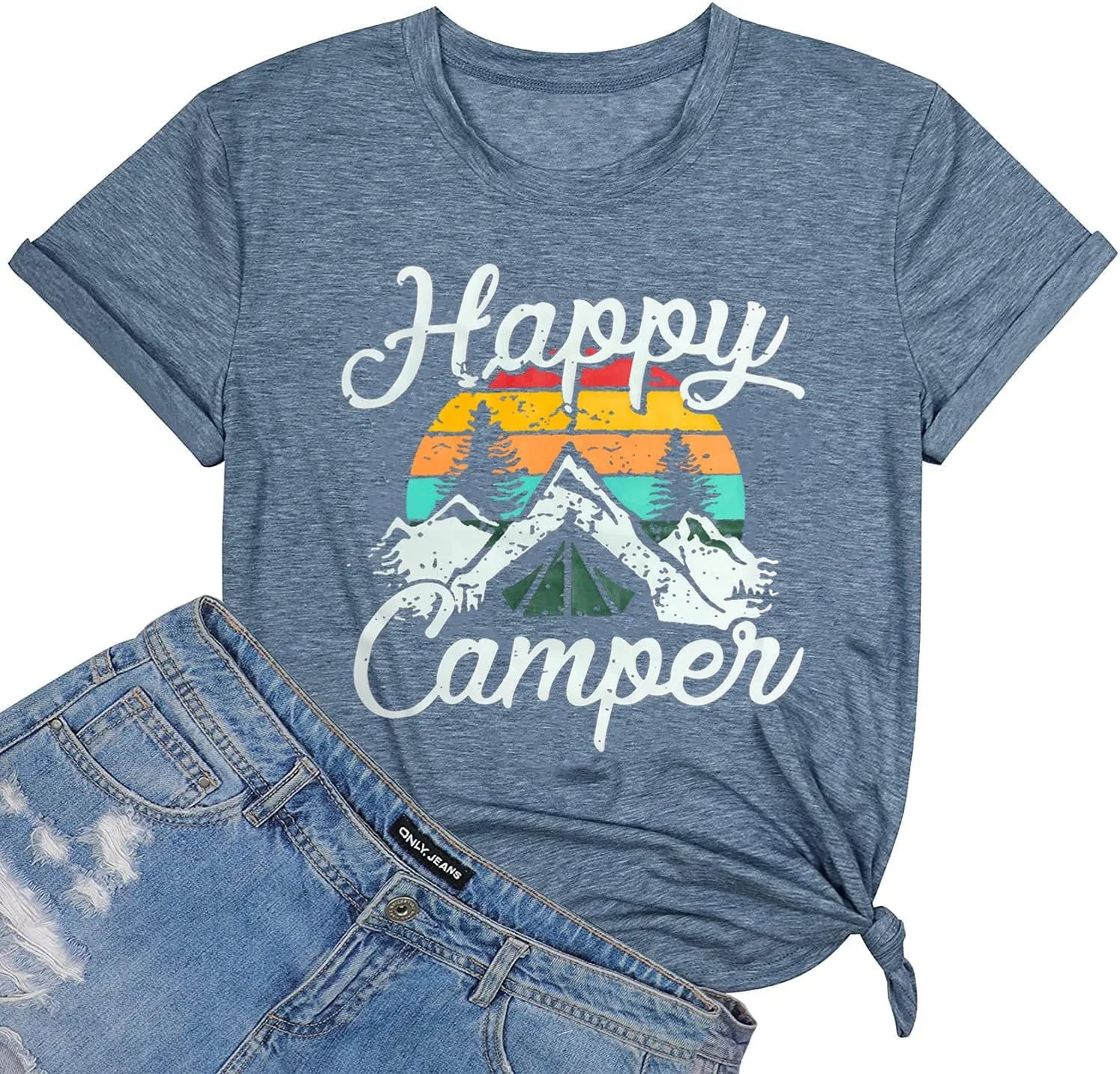 Happy Camp T-Shirt Women Hiking Mountain Adventure Novelty Workout Funny Saying Cute Graphic Athletic Shirt