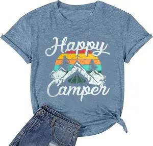 Happy Camp T-Shirt Women Hiking Mountain Adventure Novelty Workout Funny Saying Cute Graphic Athletic Shirt