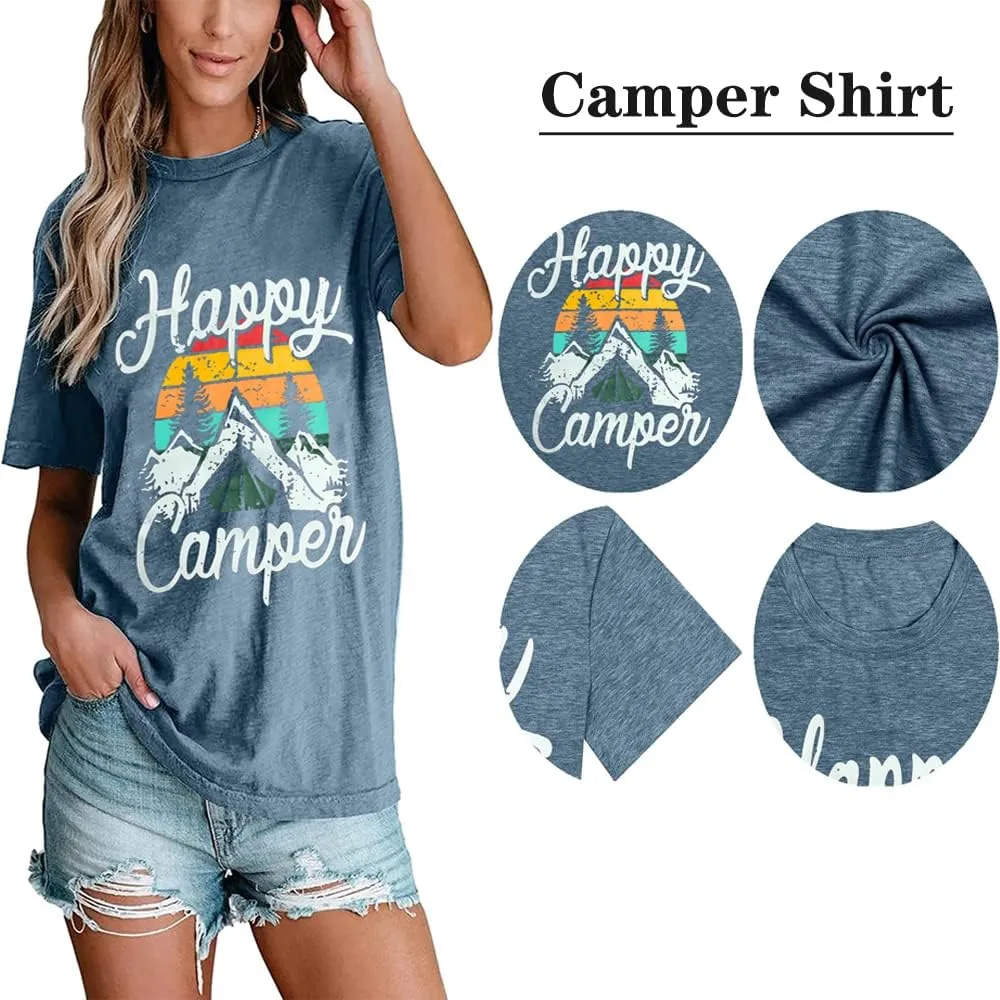 Happy Camp T-Shirt Women Hiking Mountain Adventure Novelty Workout Funny Saying Cute Graphic Athletic Shirt