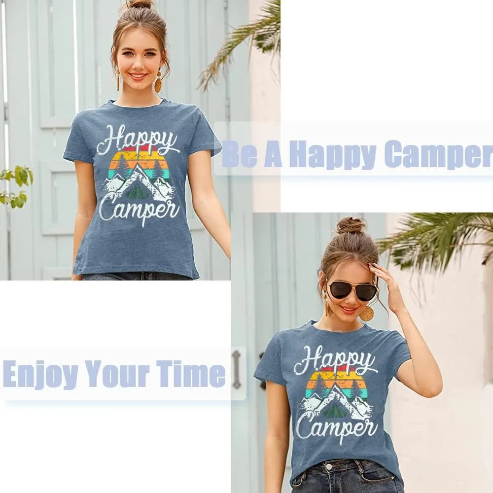 Happy Camp T-Shirt Women Hiking Mountain Adventure Novelty Workout Funny Saying Cute Graphic Athletic Shirt