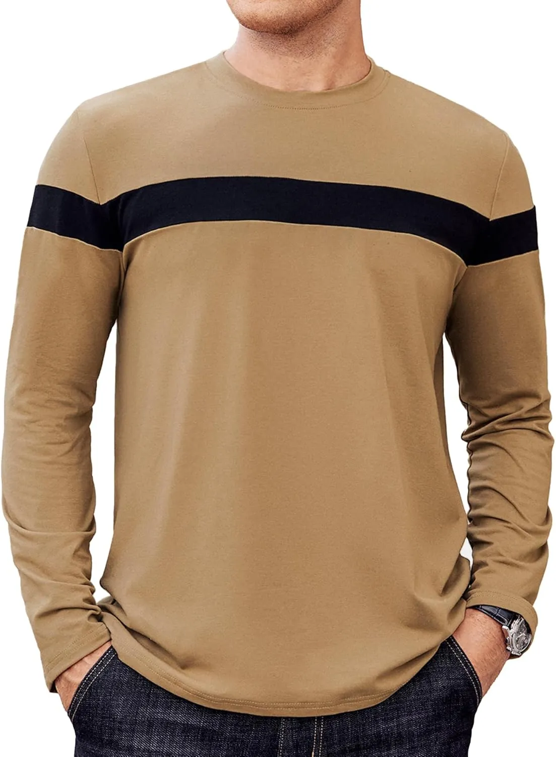 Hardaddy Men's Long Sleeve Tee Shirts Color Block Pullover Casual Basic T-Shirts