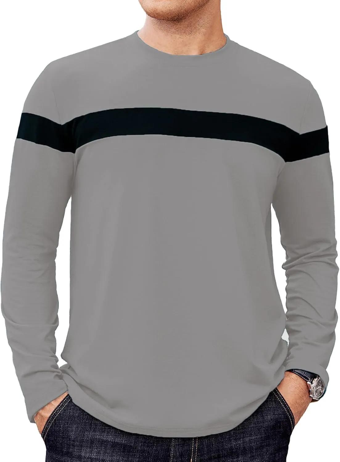 Hardaddy Men's Long Sleeve Tee Shirts Color Block Pullover Casual Basic T-Shirts